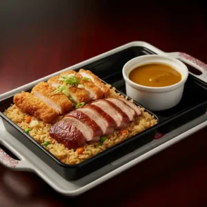 Double Happy  (Egg Fried Rice base topped with Crispy Chicken Fillet & Duck, Served with a pot of Curry)