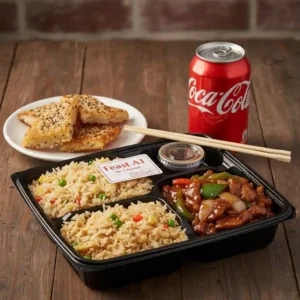 Feast A1 for 1 Person (Beef OR Chicken with Green Pepper in Black Bean Sauce, Sesame Prawn on Toast (4), Egg Fried Rice, Coke)