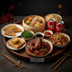 Feast B for 2 Person (Dim Sum Combination, Sesame Prawn on Toast (4), Spring Roll (4), Crispy Seaweed, BBQ Lamb Ribs, Szechuan Beef, Chicken with Mushrooms, Lamb Fried Rice, Coke x 2)