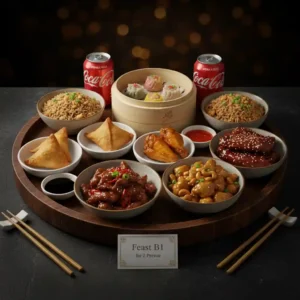 Feast B1 for 2 Person (Dim Sum Combination, Crispy Wonton(2), Chicken Wings (2), Chicken Curry Samosas(2), BBQ Spare Ribs(2), Crispy Chilli Beef, Chicken With Cashew Nuts, Lamb Fried Rice, Coke x 2)