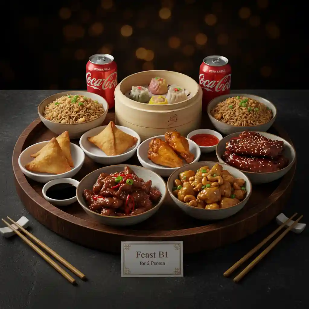 Feast B1 for 2 Person (Dim Sum Combination, Crispy Wonton(2), Chicken Wings (2), Chicken Curry Samosas(2), BBQ Spare Ribs(2), Crispy Chilli Beef, Chicken With Cashew Nuts, Lamb Fried Rice, Coke x 2)